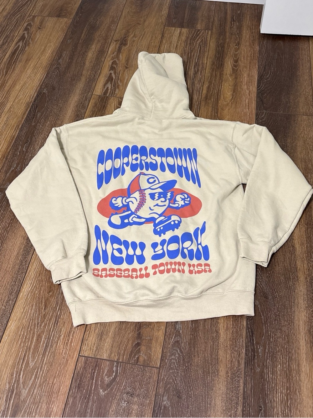 Gildan Beige Cooperstown New York Graphic Hoodie with Blue & Red Print